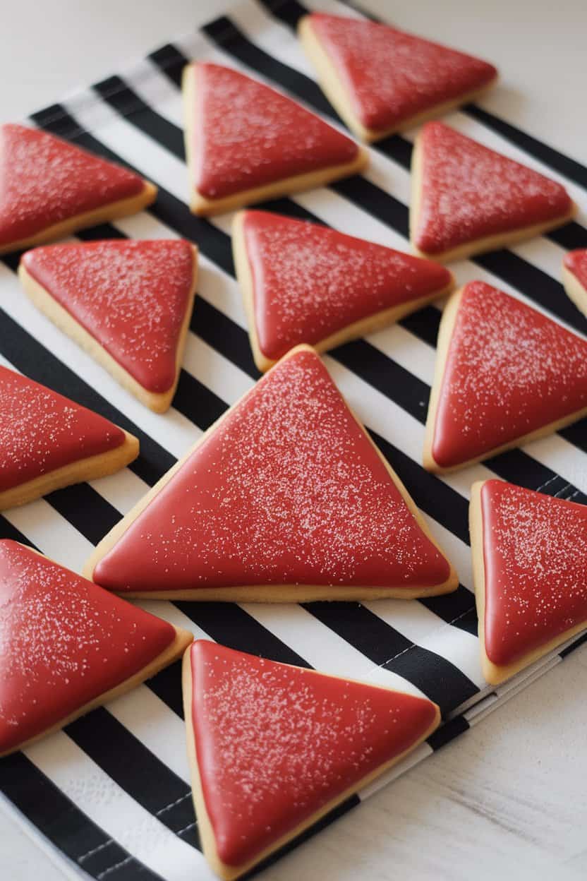 Photo of triangular red sugar cookies with a light sprinkle of sanding sugar, arranged indoors on a referee-style striped napkin. No text or logos included.