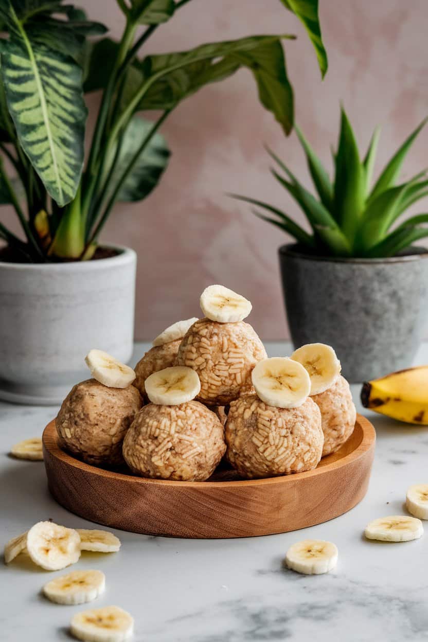 Indoor scene with light tan protein balls topped with banana chip pieces on a wooden dish. No text or logos. Photo only.