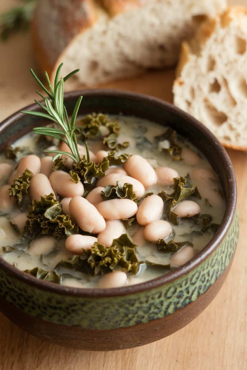 Indoor photo of a rustic bowl containing white bean soup with kale ribbons and rosemary sprig, served with a crust of bread nearby. No text or logos.