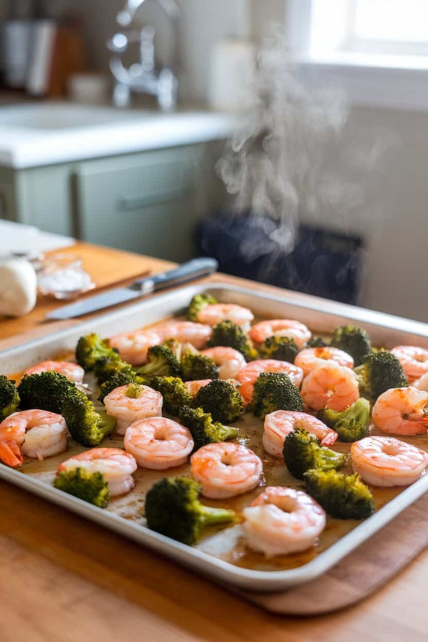 Indoor kitchen counter with a sheet pan holding roasted shrimp and broccoli florets glazed in a shiny honey-garlic sauce. Steam rises gently; no text or logos visible.