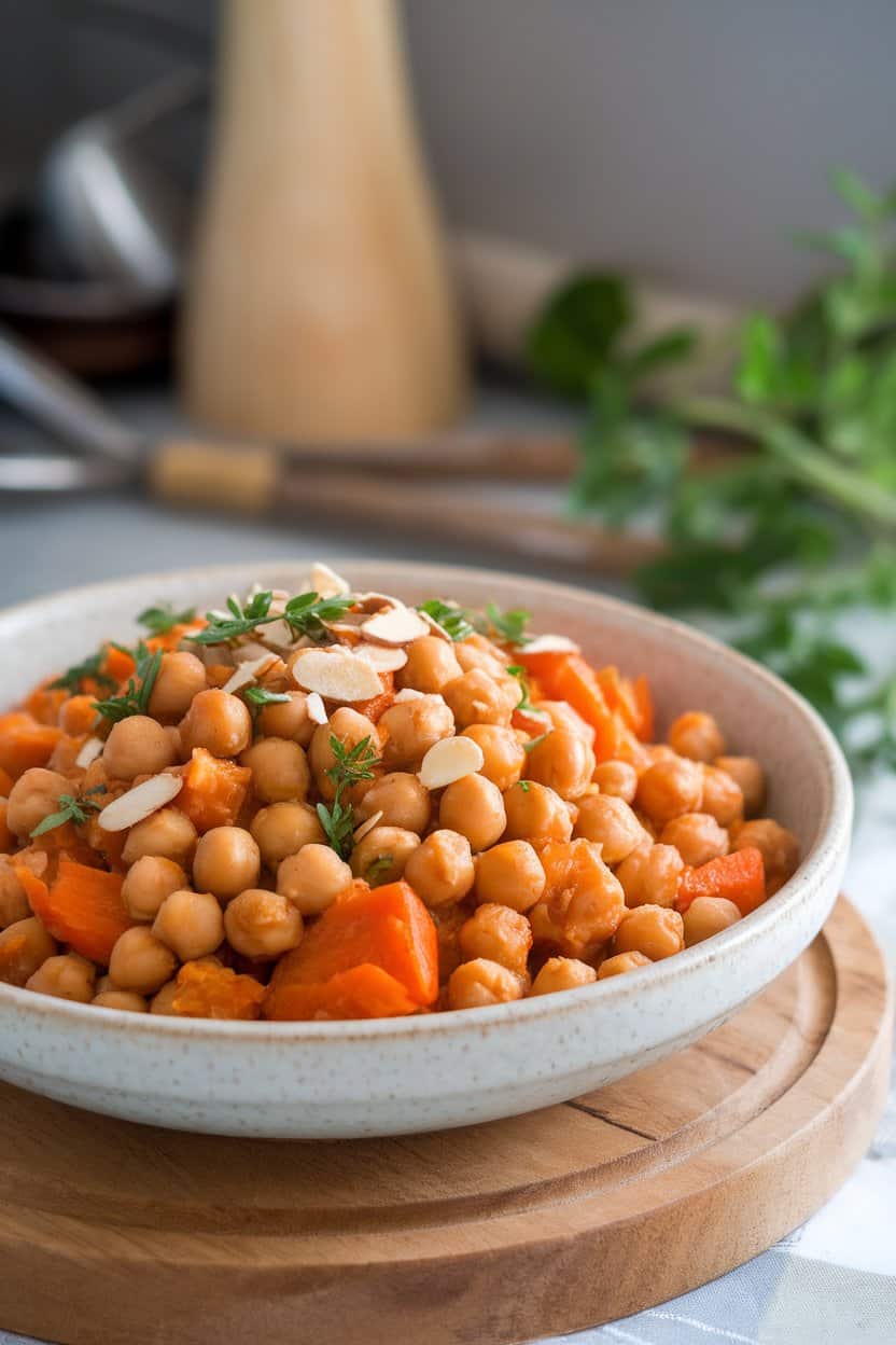 Indoor bowl featuring chickpea tagine studded with apricots and carrots, sprinkled with slivered almonds, no text or logos.