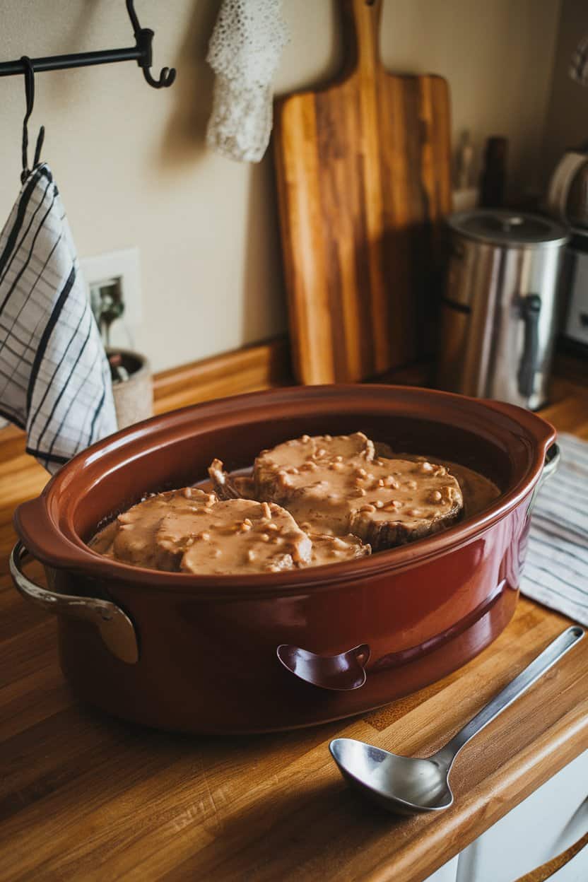 A cozy indoor countertop with a ceramic slow cooker insert filled with pork chops blanketed in onion gravy, a ladle resting nearby. No text or logos visible. Photo only.