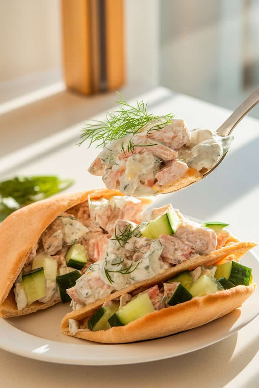 Indoor photo of chicken salad blended with tzatziki, cucumber cubes, and fresh dill, spooned into pita halves, bright countertop—no text or logos