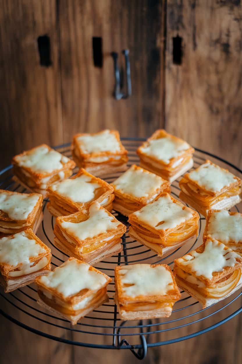 An indoor baker’s rack with small puff pastry squares layered with golden caramelized onions and melted Gruyère cheese. No text or logos.