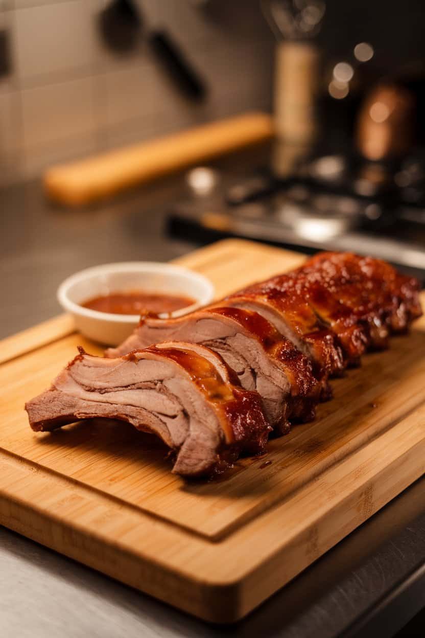 A cutting board indoors featuring sliced, glazed pork ribs with a caramelized crust and a small dish of extra sauce. Warm, low lighting, no logos.