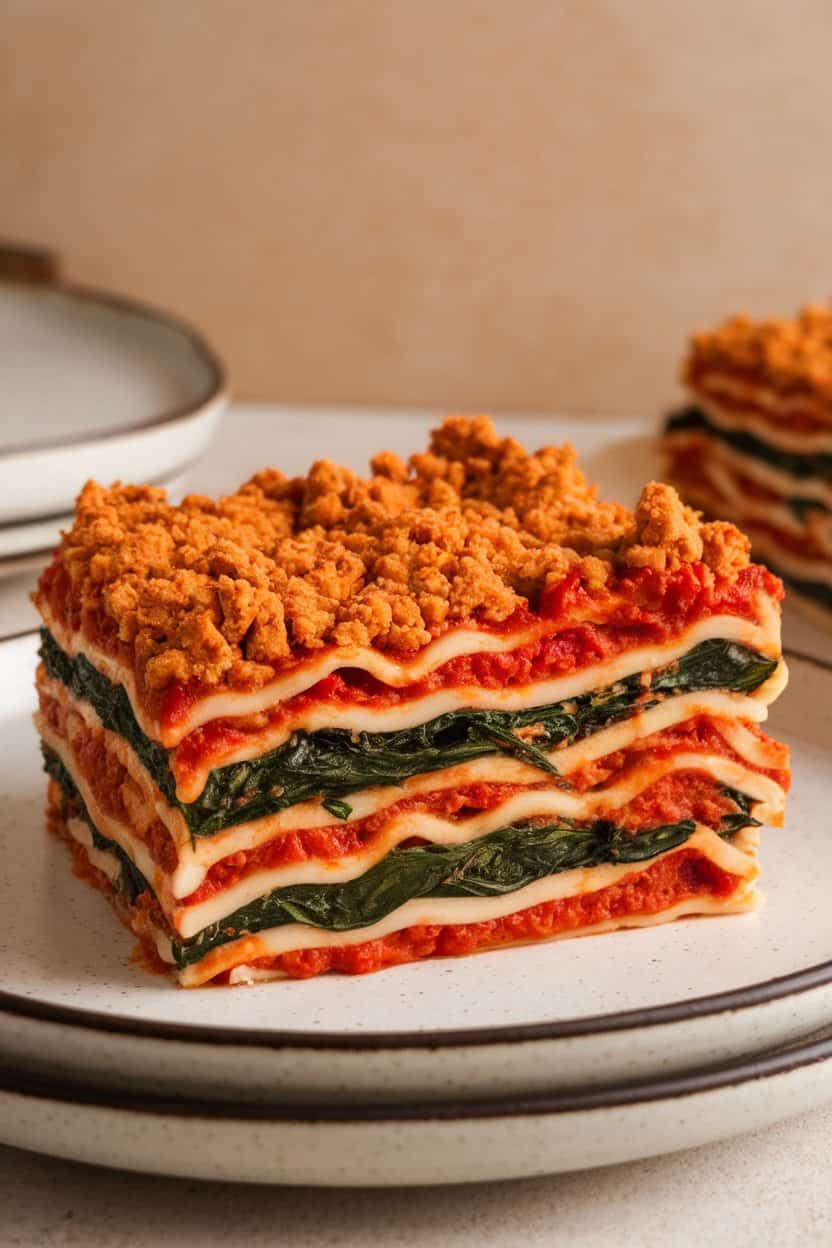 An indoor dining room shot of a bubbly lasagna slice revealing layers of noodles, spinach, tomato sauce, and ricotta-style crumbled tofu; no branding or text visible.