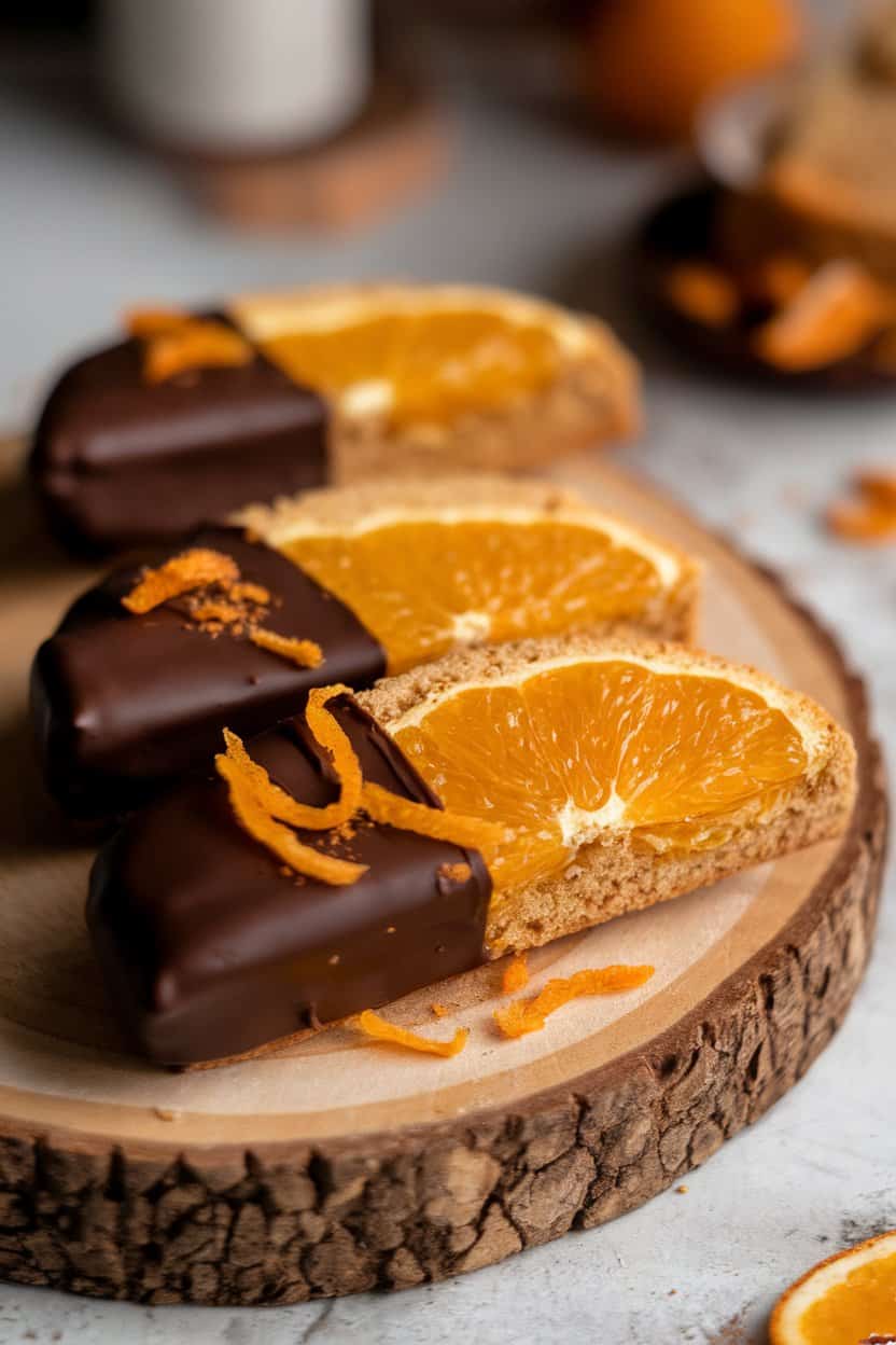 Indoor photo of orange-infused vegan biscotti half-dipped in dark chocolate, candied orange zest garnish, no text or logos