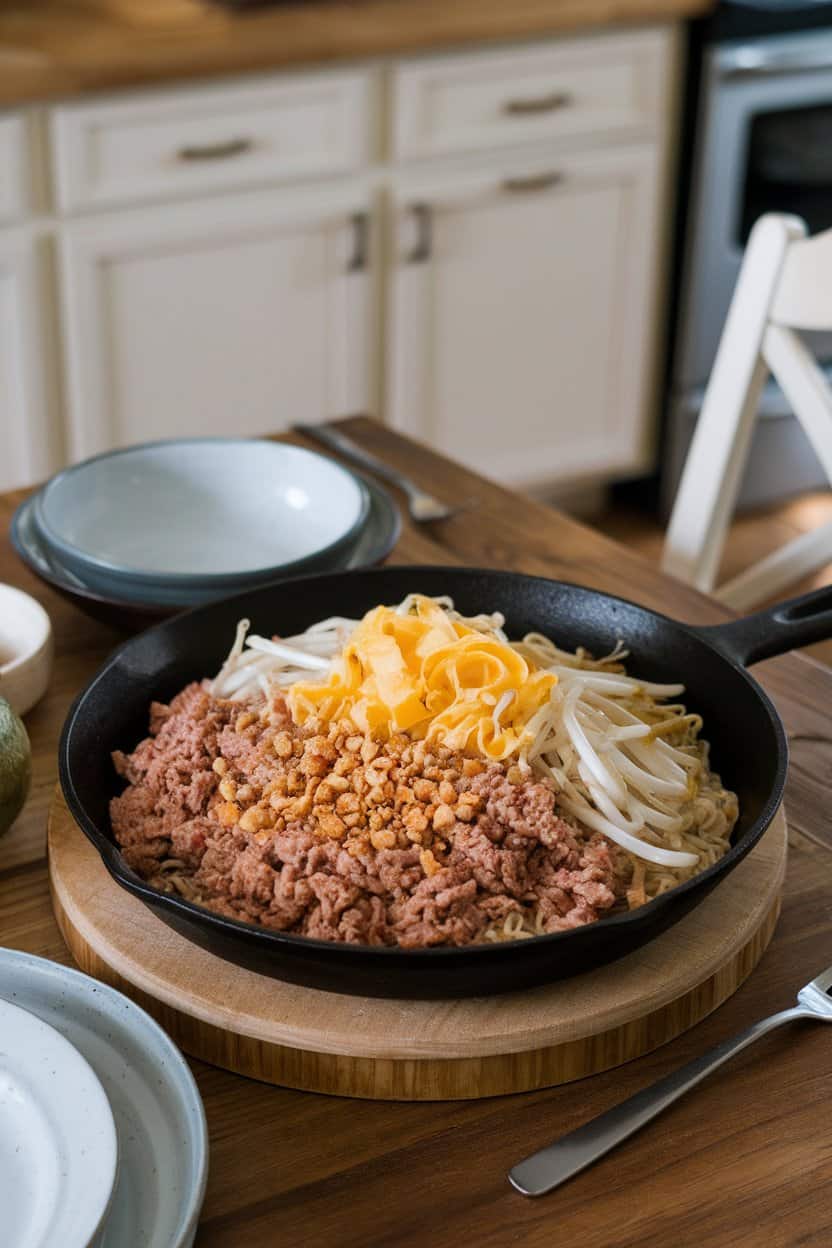 Indoor dining table displaying a skillet of rice noodles tossed with ground turkey, bean sprouts, scrambled egg ribbons, and crushed peanuts. No logos or text.