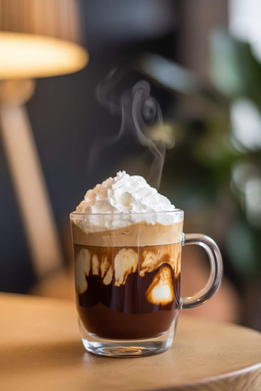 Indoors, a clear glass mug of Irish coffee showing distinct layers of dark coffee and billowy whipped cream, gentle steam rising. No text or logos. Photo, not illustration.