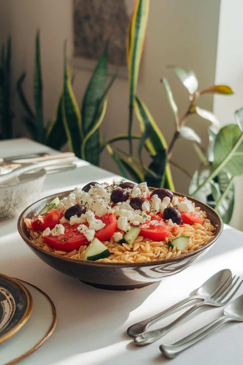 Photo of a sunlit indoor dining table holding a deep serving bowl filled with orzo pasta, diced tomato, cucumber, Kalamata olives, crumbled feta, and oregano flecks, lightly glossy with olive oil. No text or logos.