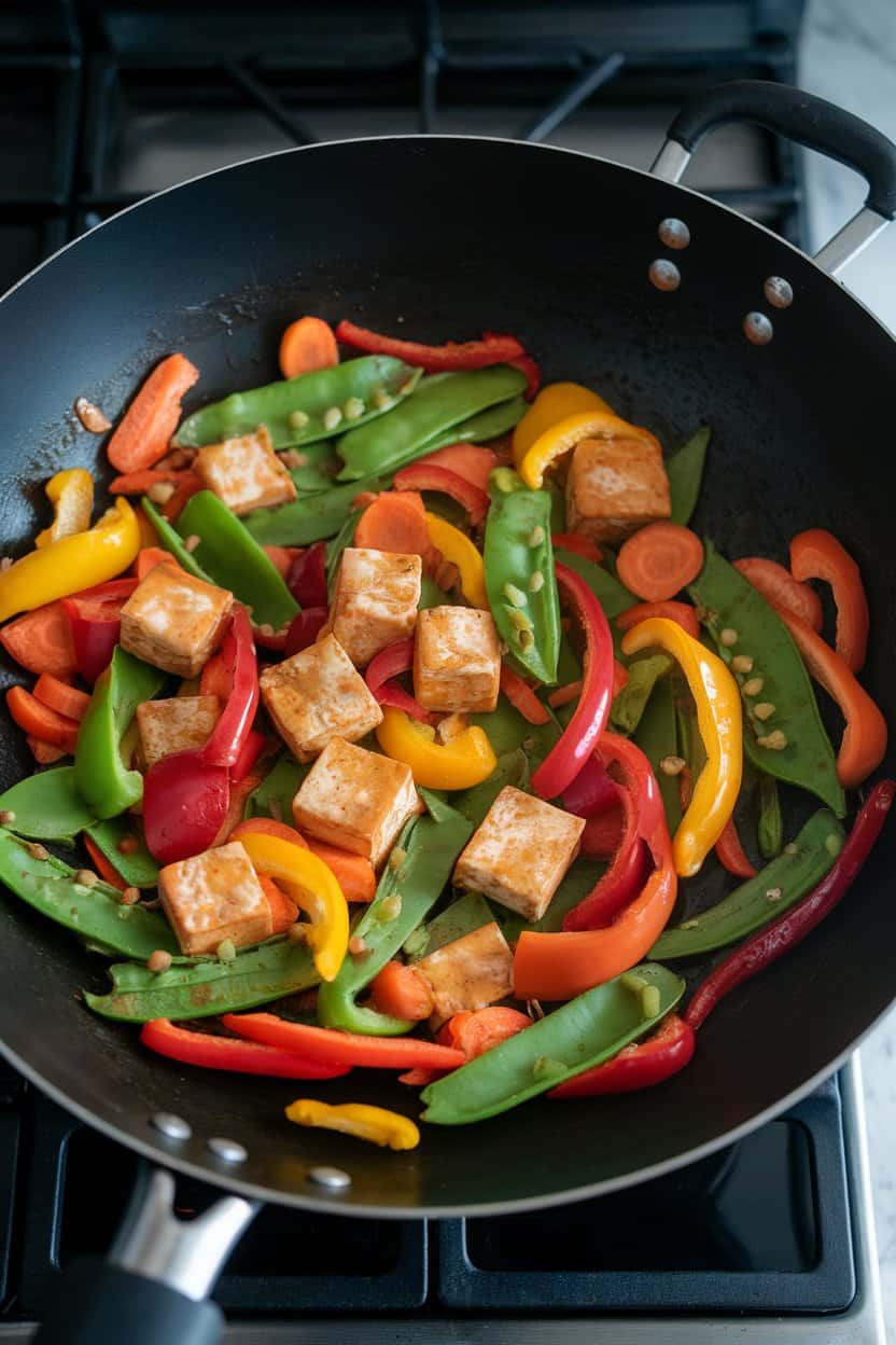 An indoor stovetop photo of a wok bursting with colorful bell peppers, snap peas, carrots, and tofu cubes coated in a glossy soy-ginger sauce; no text or logos visible.