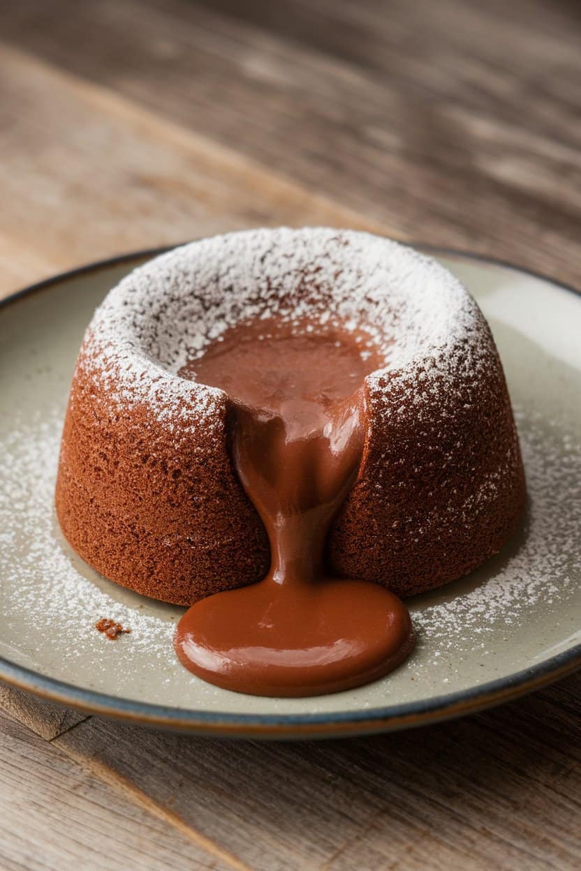 A close-up indoor photo of a just-opened chocolate lava cake with molten center oozing onto the plate, dusted with powdered sugar. No text or logos; photo only.