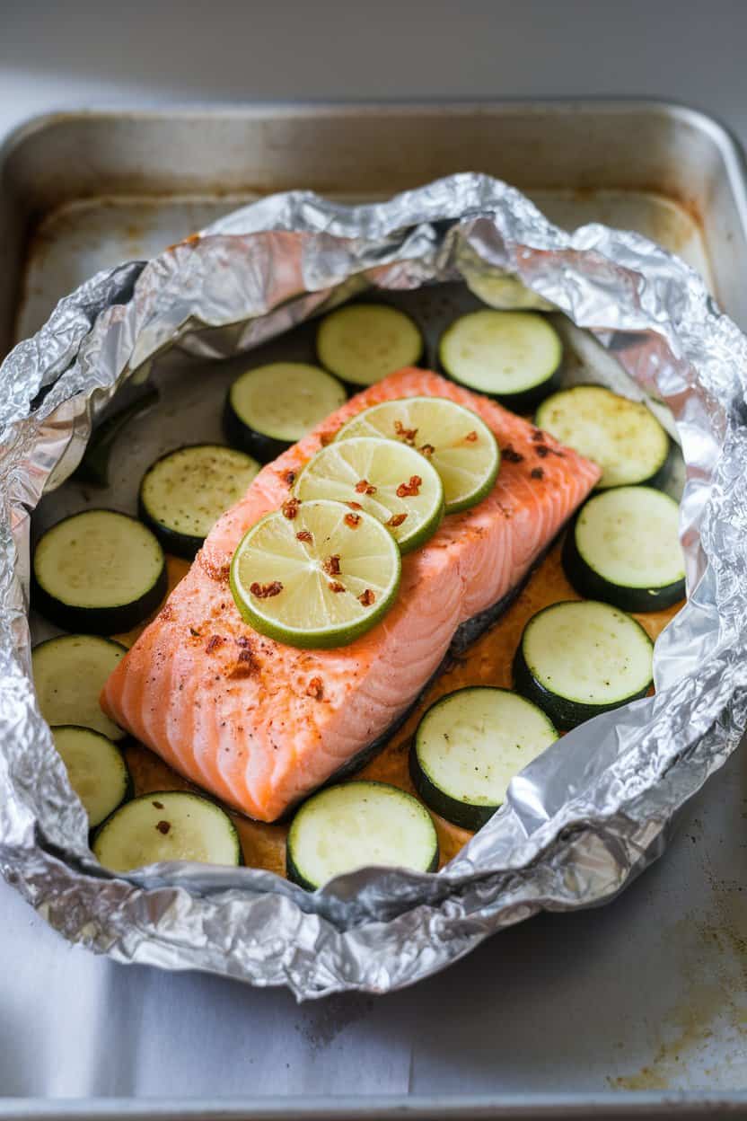 Photo of a foil packet opened on an indoor baking sheet revealing cooked salmon fillet topped with lime slices and chili flakes, surrounded by zucchini rounds. No text or logos.