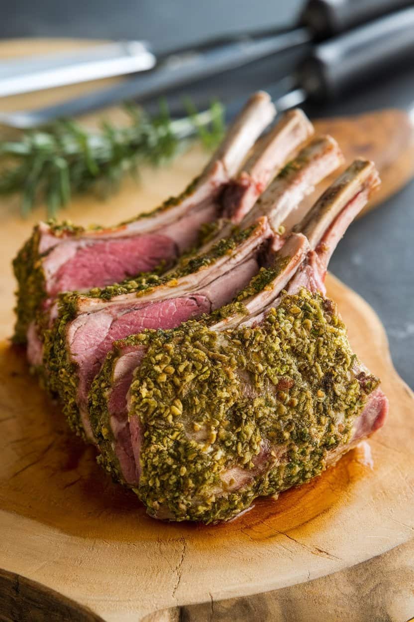 Indoor photo of a mini rack of lamb sliced into double chops, herb crust still vibrant green, served on a wooden board, no text or logos
