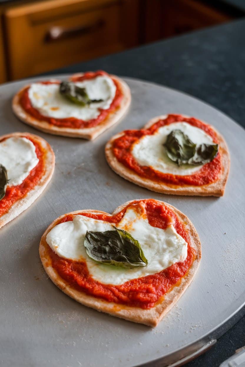 An indoor pizza stone topped with small heart-shaped Margherita pizzas, melted mozzarella bubbling and basil leaves just wilted. No text or logos in frame.