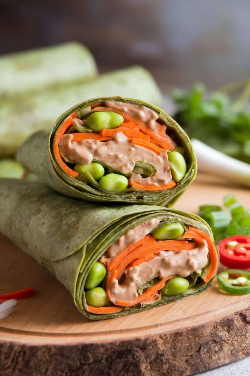 Photo taken indoors of a sliced wrap revealing edamame, shredded carrot, and creamy sesame peanut sauce inside a spinach tortilla. No text or logos visible.