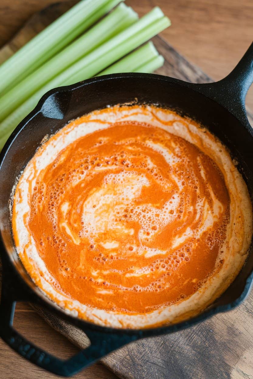 Indoor photo of bubbling buffalo chicken dip in a small cast-iron skillet, celery sticks nearby—no logos