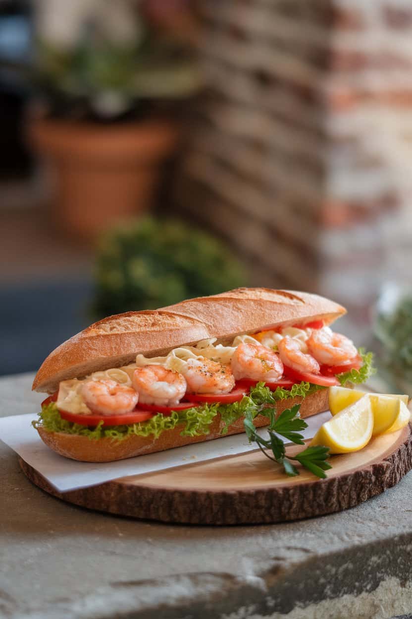 Indoor sandwich board with a split baguette stuffed with Cajun-spiced shrimp, shredded lettuce, tomato slices, and remoulade. No text or logos visible.