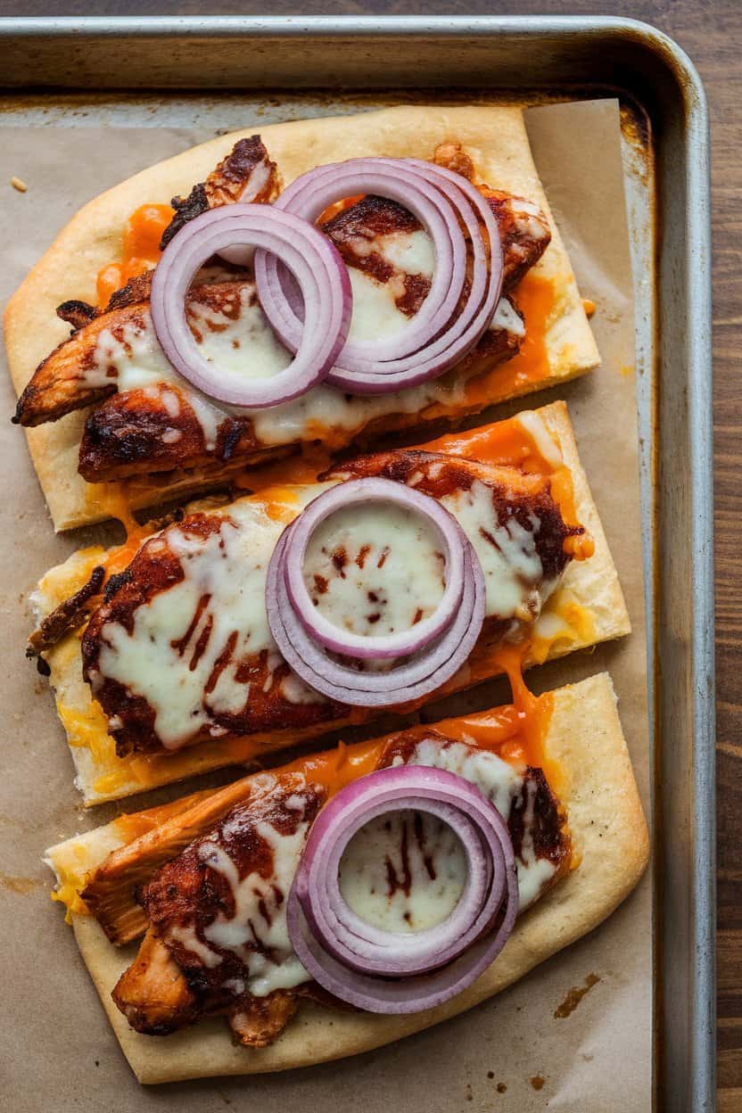 Indoor oven tray holding a sliced flatbread topped with cooked BBQ chicken, melted cheese, and red onion rings. Photo, no text or logos.