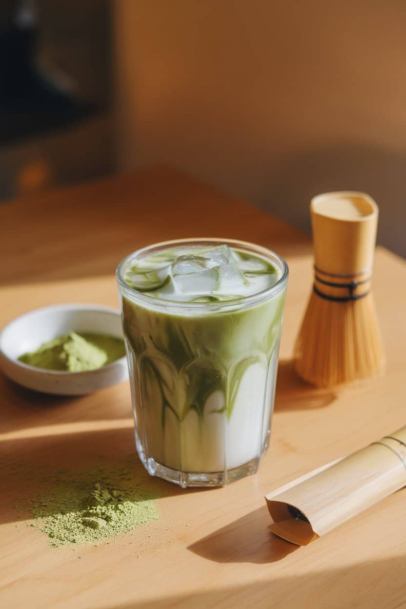 A warmly lit indoor café table with a clear glass of iced matcha latte—vivid green liquid swirling through cold oat milk, large ice cubes visible, tiny bowl of matcha powder and bamboo whisk nearby, no text or logos in scene. Photo