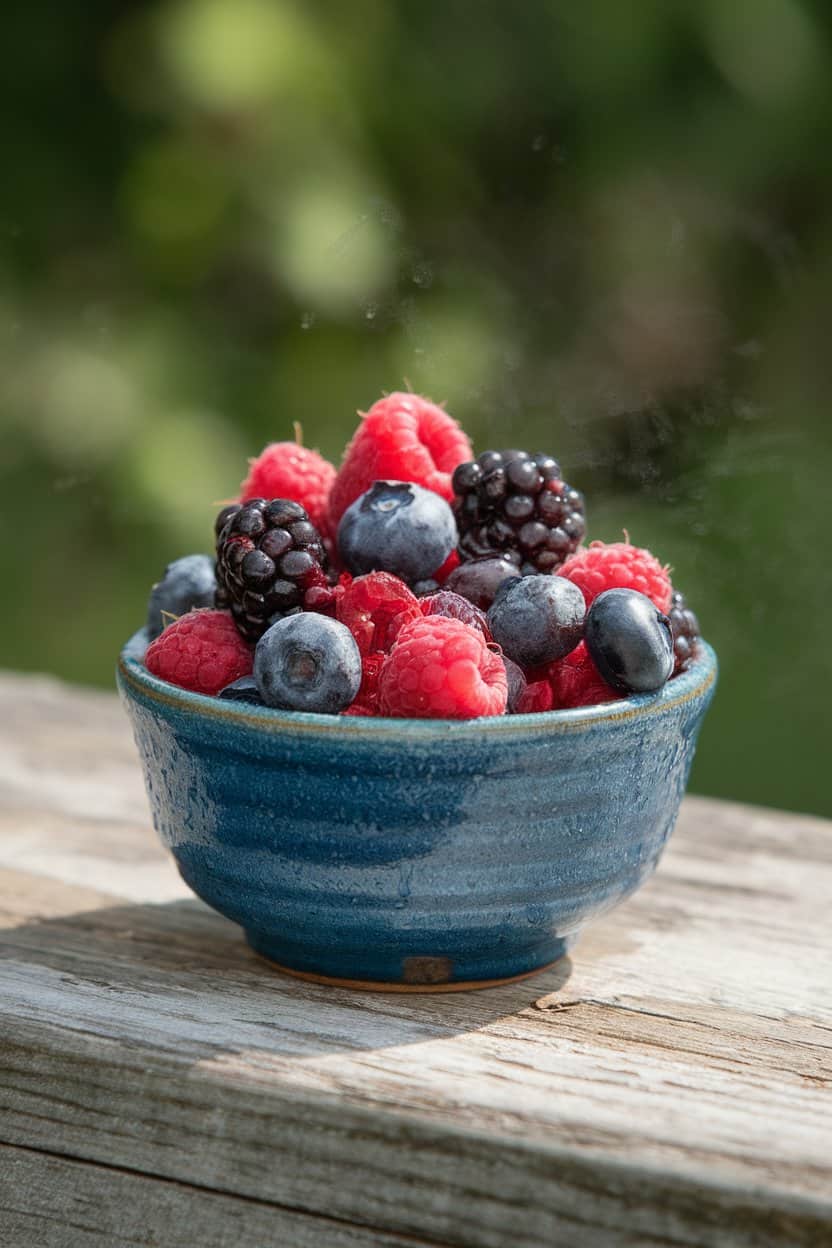 Indoor photo of a small ceramic bowl overflowing with mixed raspberries, blackberries, and blueberries, slight condensation visible; diffused daylight, no text or logos.