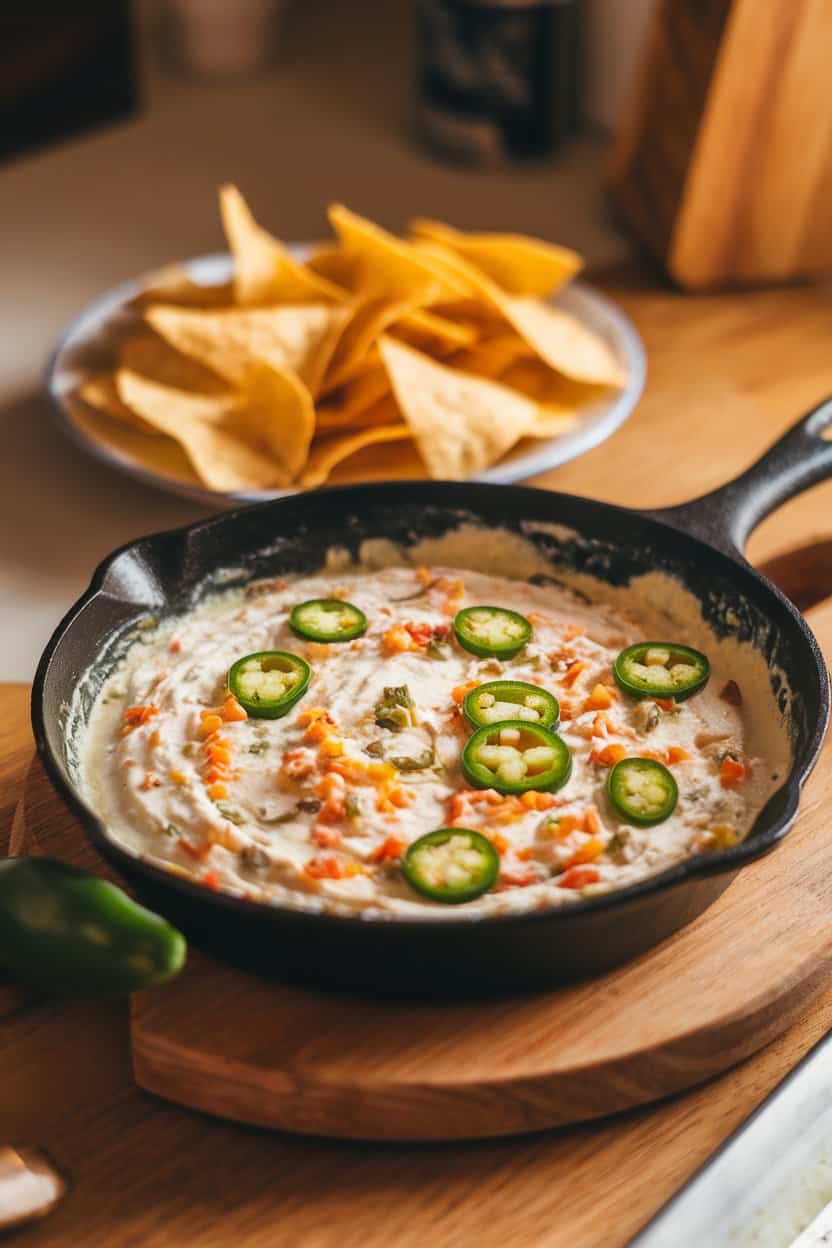Indoor photo of bubbling vegan jalapeño popper dip in a small skillet with tortilla chips nearby. No text or logos.