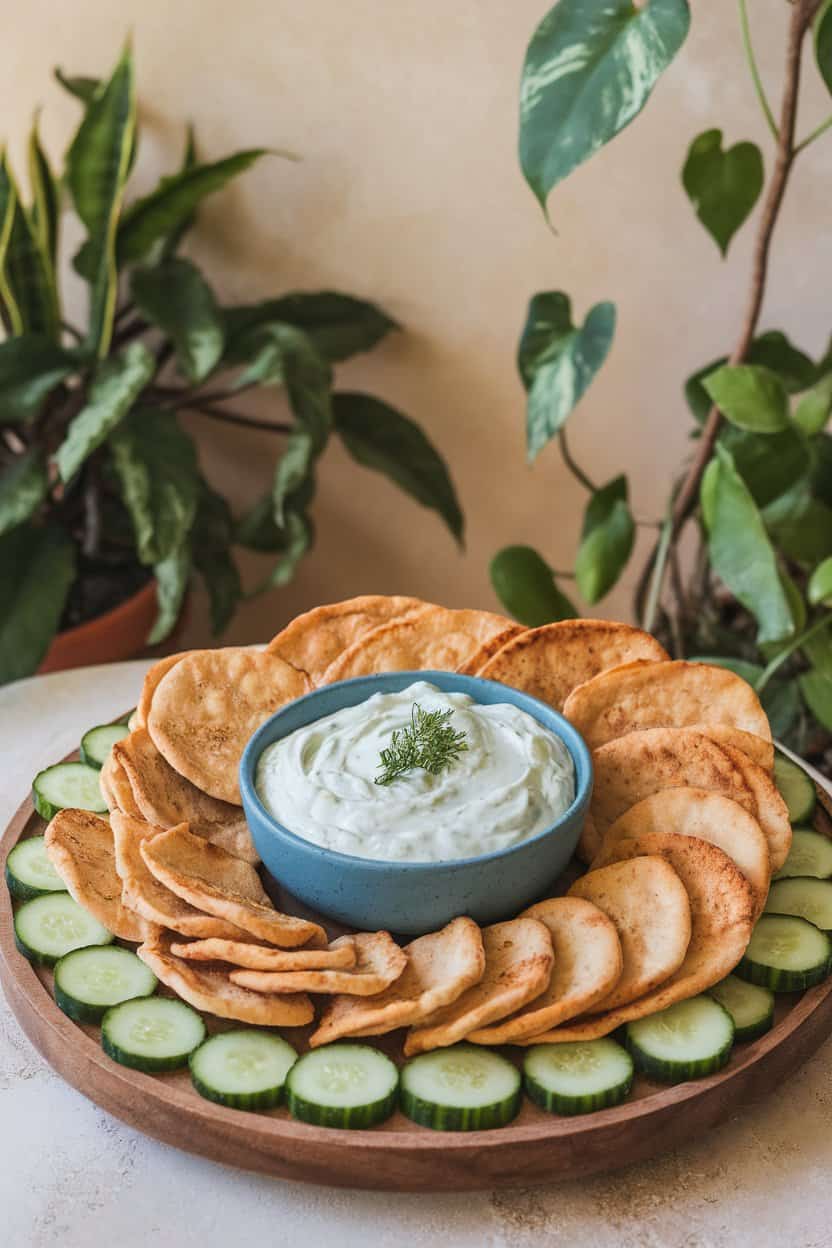 An indoor platter featuring a bowl of creamy tzatziki surrounded by baked pita chips and cucumber rounds. No text or logos. Photo only.