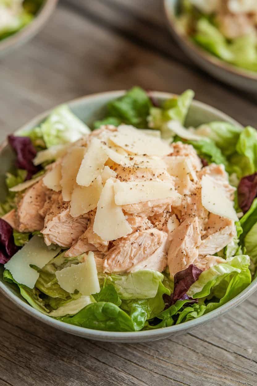 Indoor photo of Caesar-inspired chicken salad sprinkled with shaved Parmesan and cracked black pepper, arranged in a shallow salad bowl—no text or logos