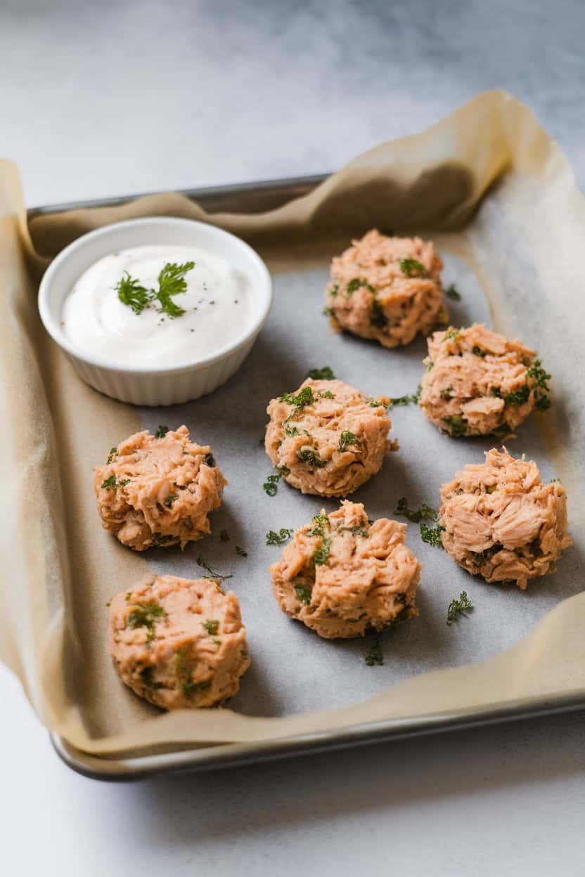 Indoor photo of bite-sized baked tuna cakes on a parchment-lined tray with a small bowl of yogurt dip; no text or logos present.