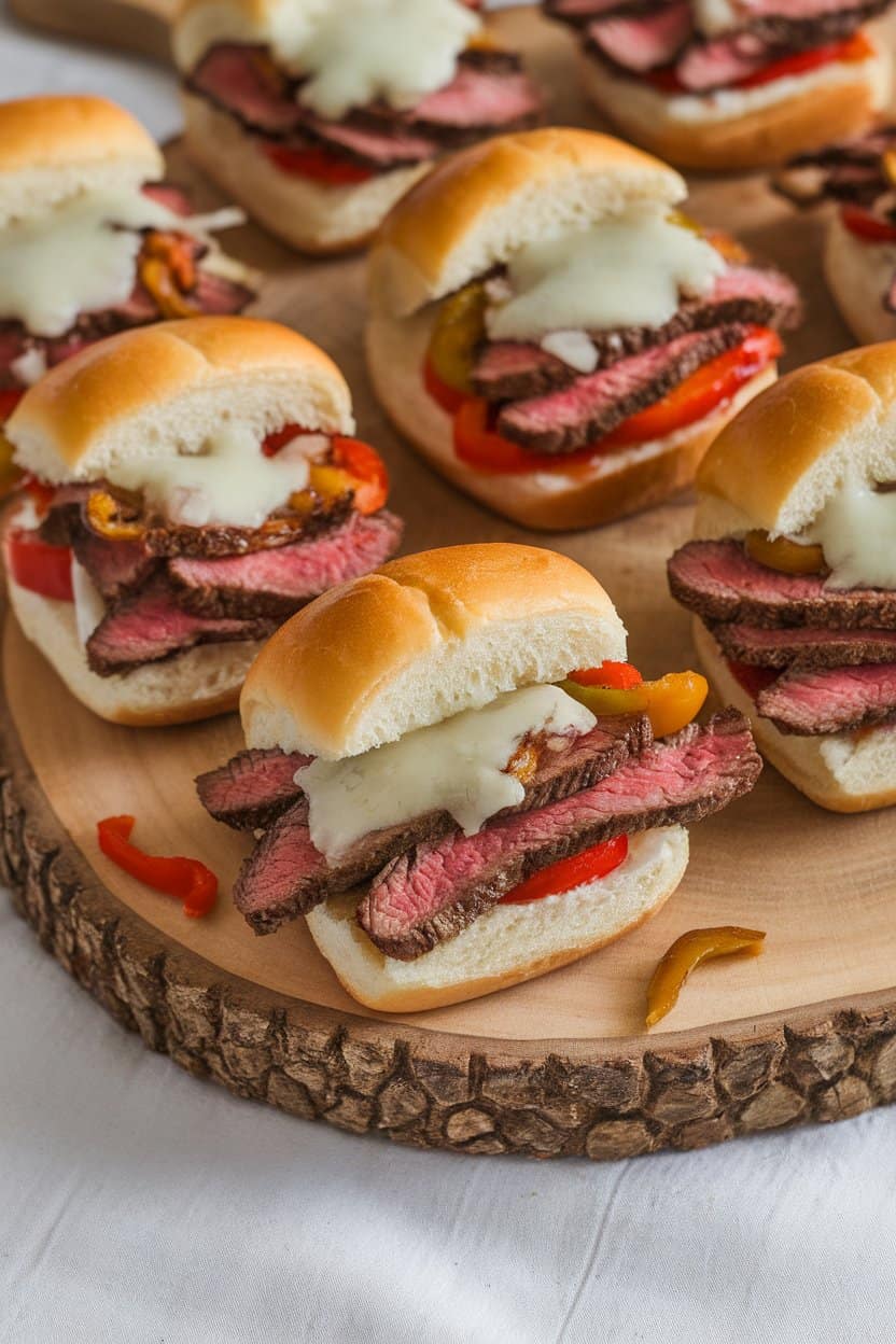 Indoor wooden board displaying mini brioche buns filled with thinly sliced steak, sautéed peppers, onions, and melted provolone; no text or logos.