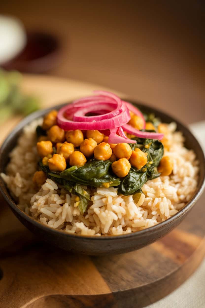 An indoor bowl of brown basmati rice topped with curried chickpeas, spinach, and pickled red onions, golden color prominent. No text or logos. Photo only.