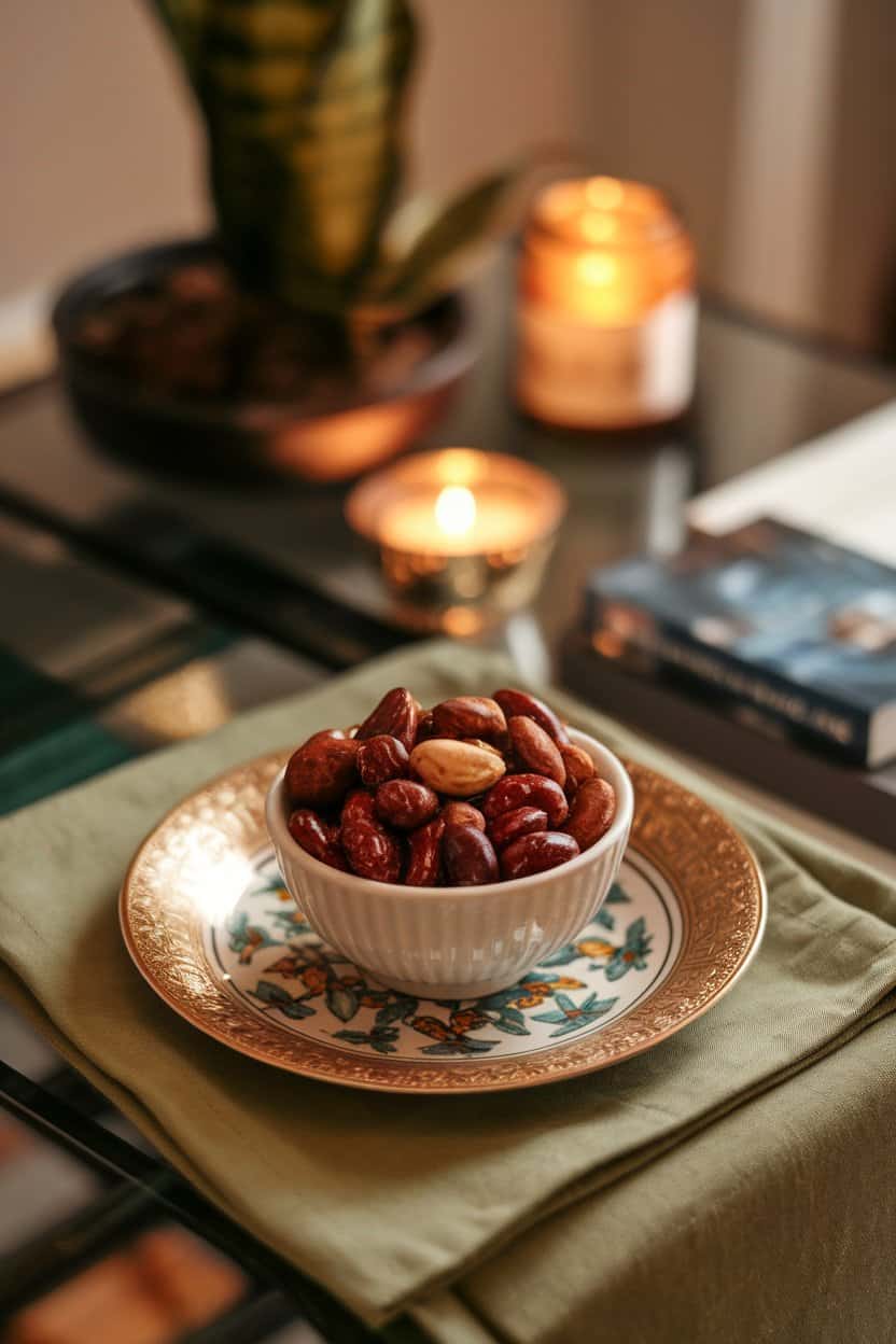 Indoor photo of a small bowl filled with glossy, spiced mixed nuts on a coffee table. No text or logos.