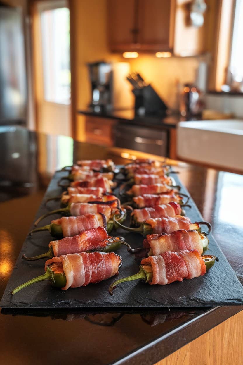 Indoor kitchen island featuring a slate board lined with bacon-wrapped, cheese-stuffed jalapeños, charred edges visible; ambient warm lighting; no text or logos.