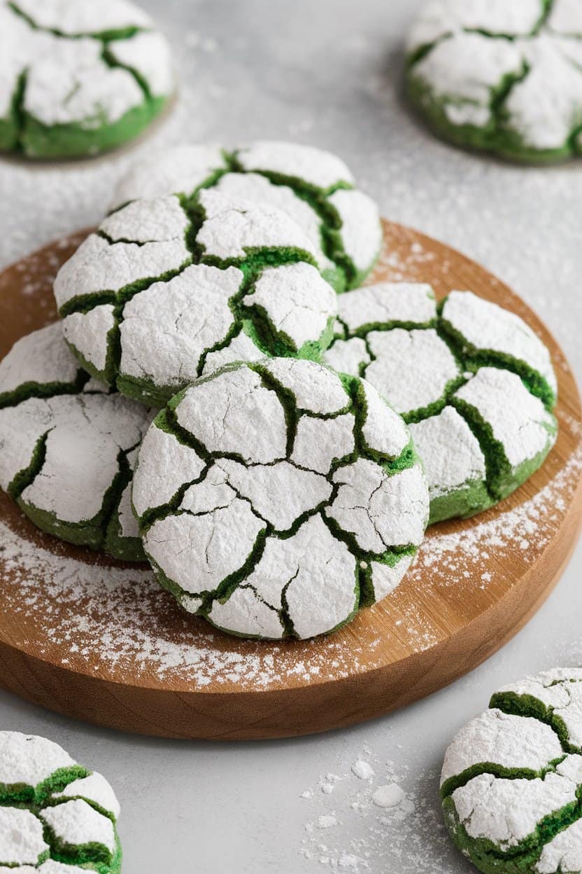 Indoor photo of dark vegan mint chocolate crinkle cookies rolled in powdered sugar, cracked surfaces, no text or logos