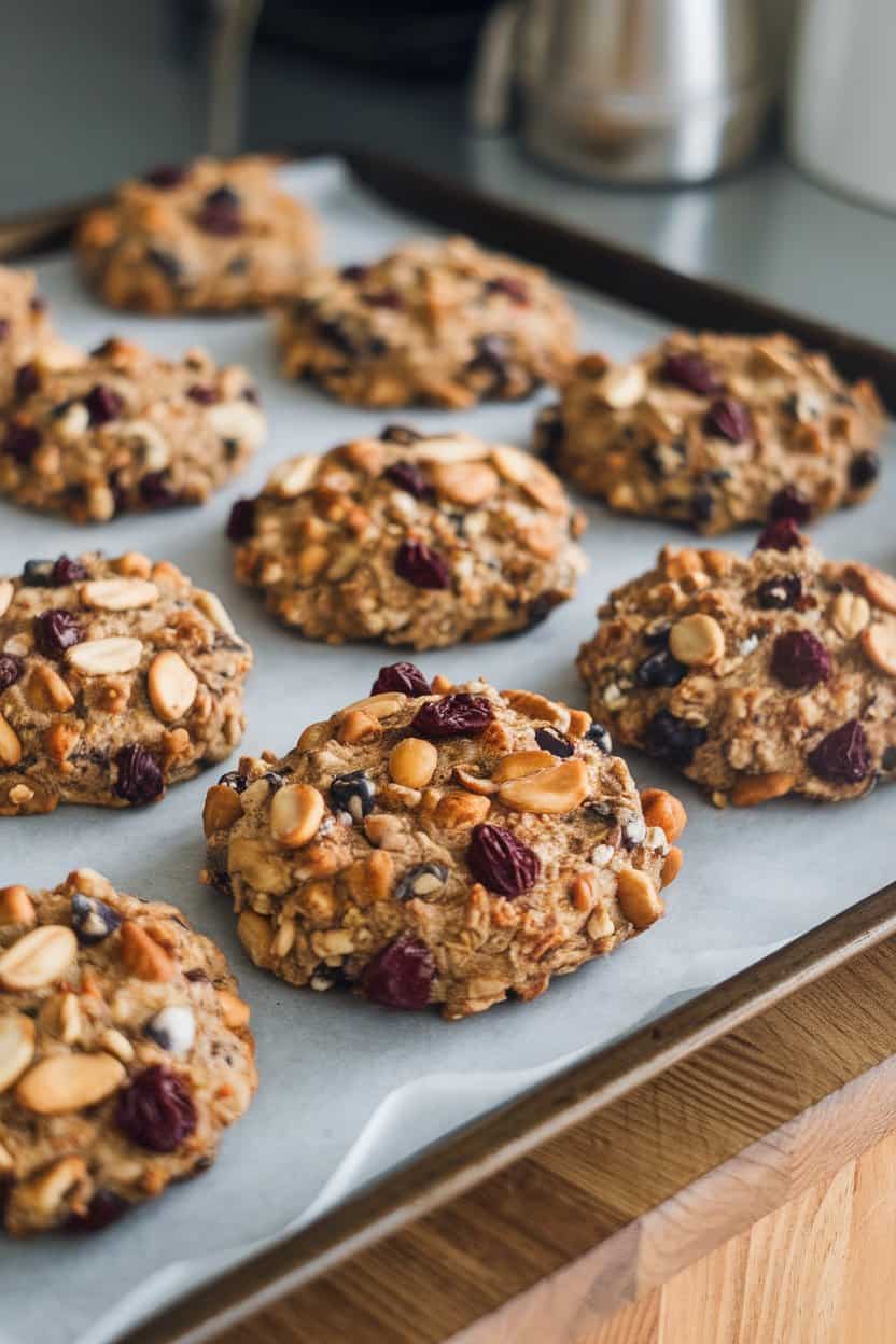 Indoor photo of hearty vegan breakfast cookies loaded with nuts, seeds, and dried fruit on a baking sheet, no text or logos