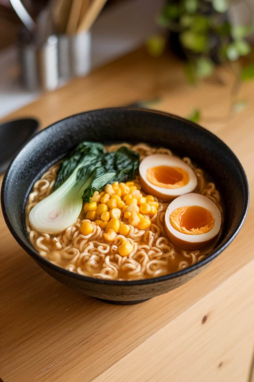 A deep ramen bowl indoors with miso broth, curly noodles, bok choy, corn, and a soft-boiled egg, no text or logos.
