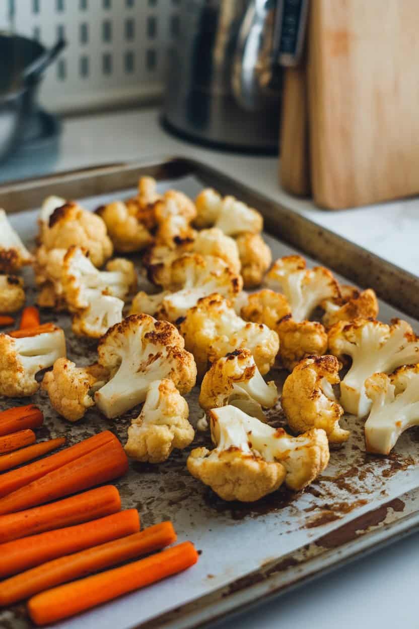 An indoor baking sheet lined with saucy roasted cauliflower florets, carrot sticks alongside. No logos present.