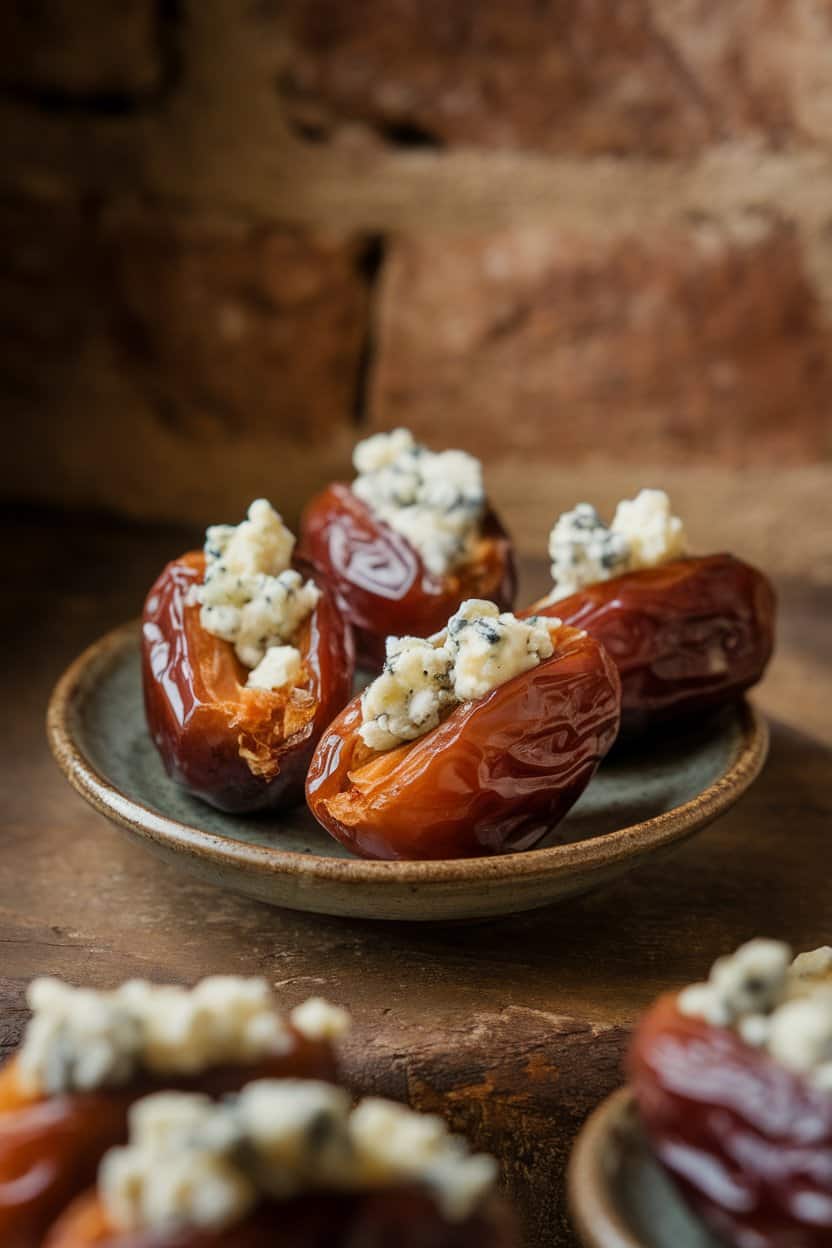 Indoor photo of plump Medjool dates split and stuffed with blue cheese crumbles, set on a small ceramic plate; warm ambient light, no text or logos.