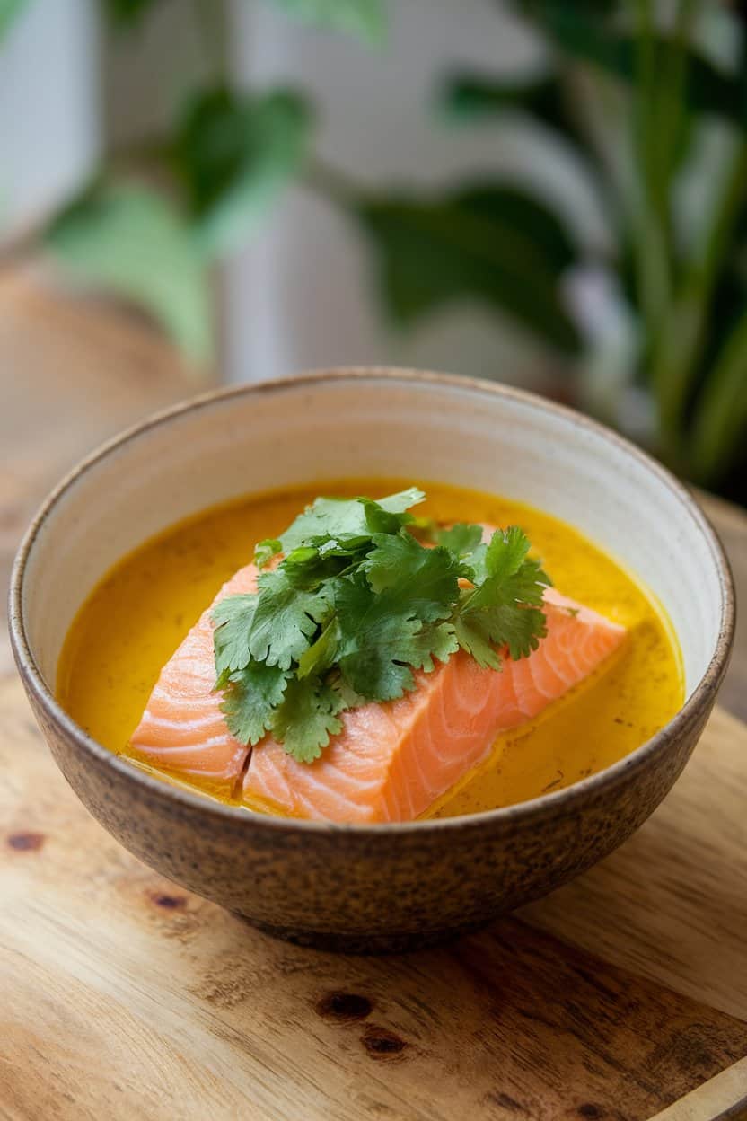 Photo of an indoor bowl containing golden turmeric coconut broth with gently poached salmon and fresh cilantro on top. No text or logos shown.