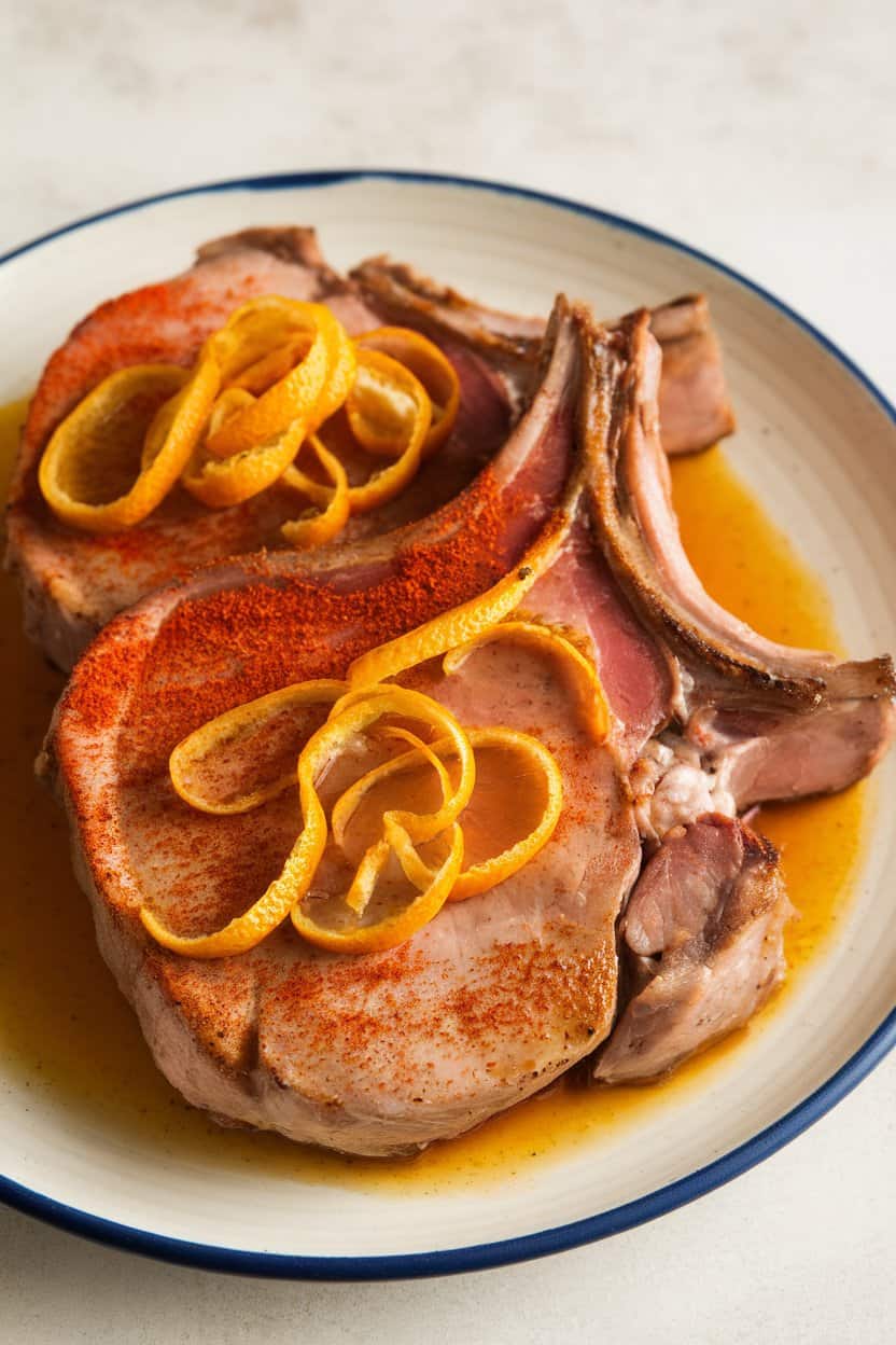 An indoor plate with pork chops dusted in red paprika, topped with thin orange zest strips and a glossy citrus glaze; no text or logos. Photo, not illustration.