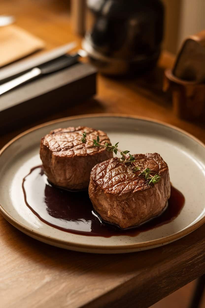 A warmly lit indoor dining table featuring two perfectly seared filet mignon steaks resting in a small pool of glossy red wine sauce, garnished with a sprig of thyme on a white ceramic plate. No text or logos anywhere in the scene; photo, not illustration.