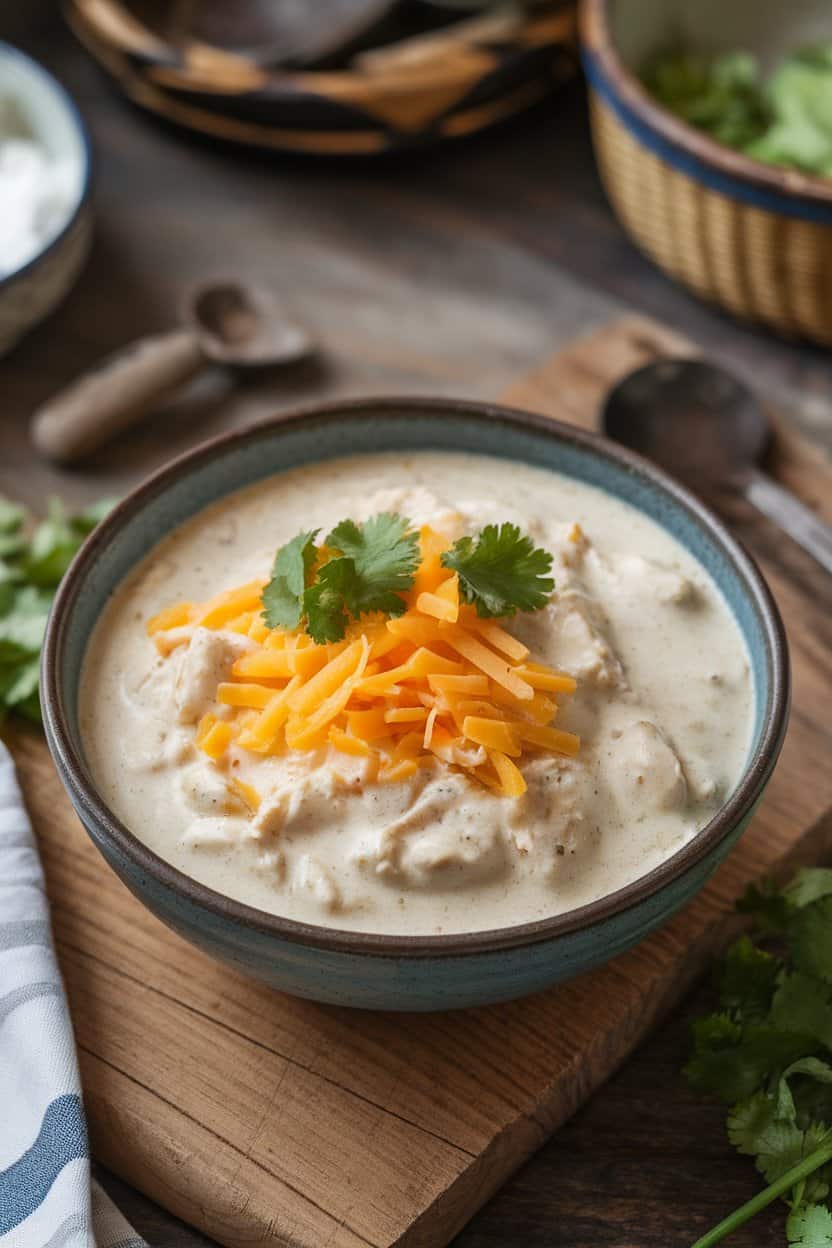 Indoor setting with a creamy white chicken chili topped with Monterey Jack shreds and cilantro; no text or logos.