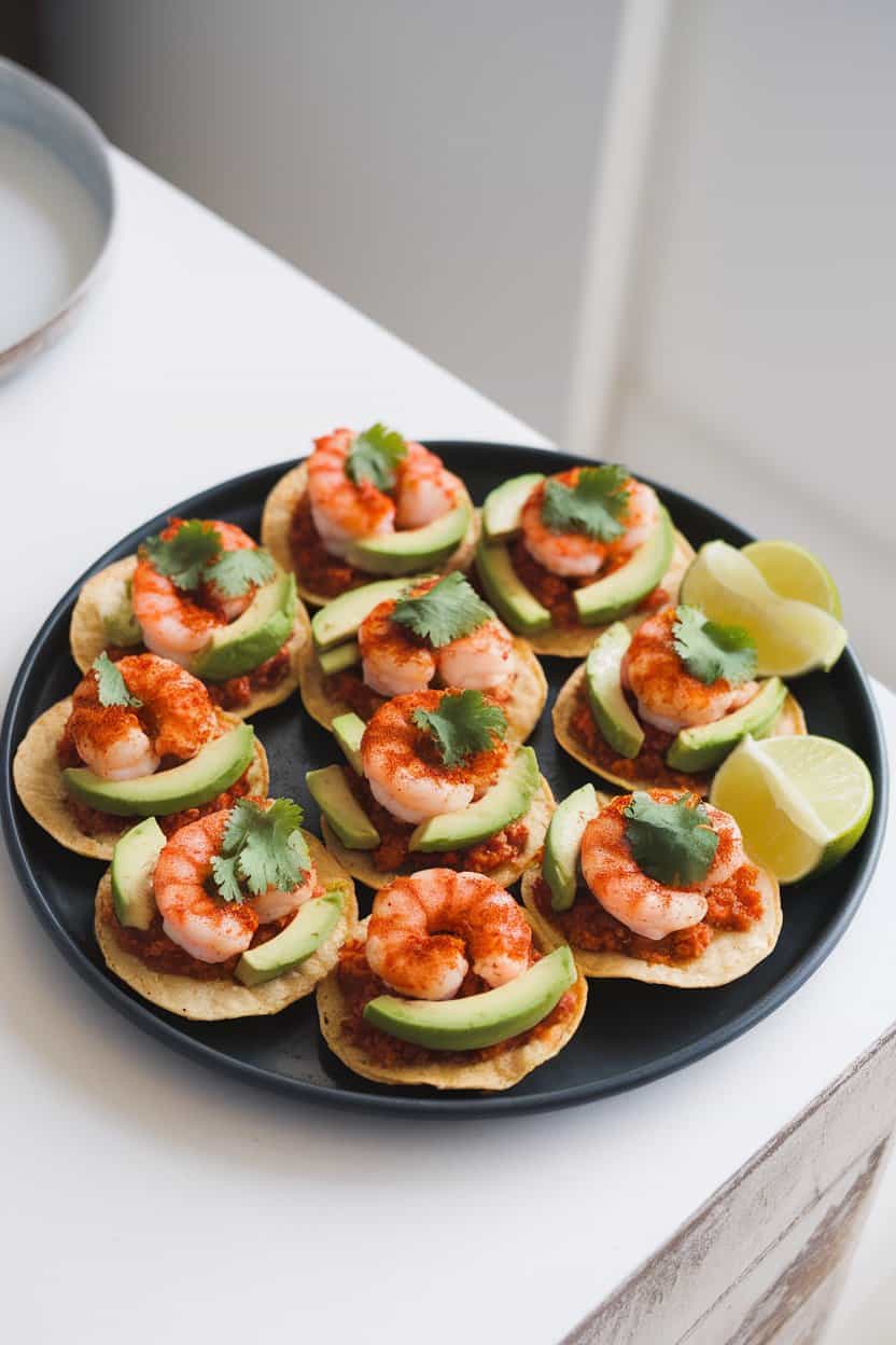 An indoor plate of mini tostadas topped with chili-dust shrimp, avocado, and cilantro, no text or logos.