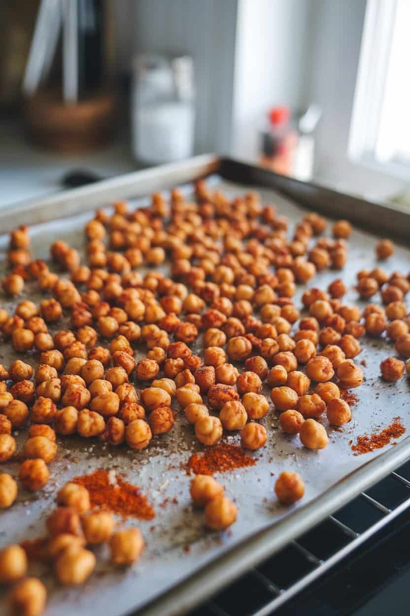 An indoor baking sheet filled with crispy roasted chickpeas seasoned with paprika and sea salt, cooling on a rack. Photo, no logos or text.