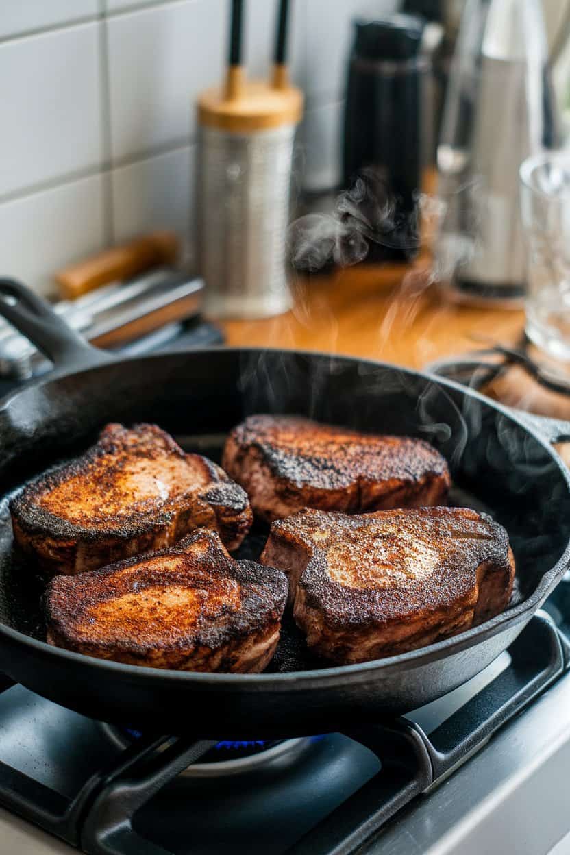 An indoor stovetop scene with a cast-iron skillet containing deeply blackened pork chops, wisps of spice-laden steam rising. No text or logos. Photo only.