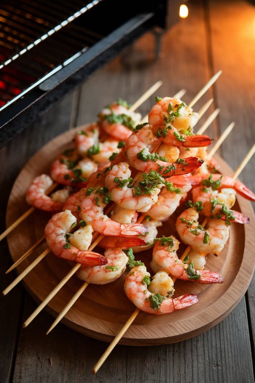 Indoor photo of cooked shrimp skewers with visible grill marks, brushed with jalapeño lime glaze, resting on a platter; warm grill-side lighting, no text or logos