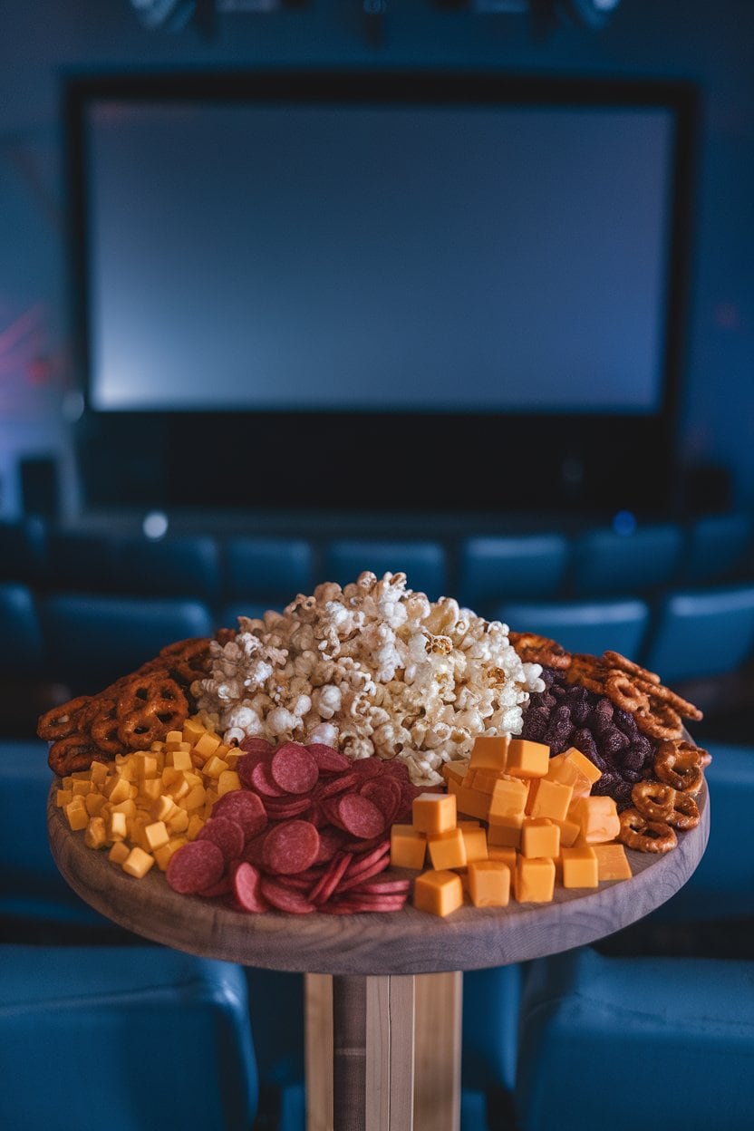 Indoor photo of a board filled with popcorn, cheddar cubes, pepperoni slices, chocolate-covered raisins, and mini pretzels; dim home-theater lighting, no text or logos