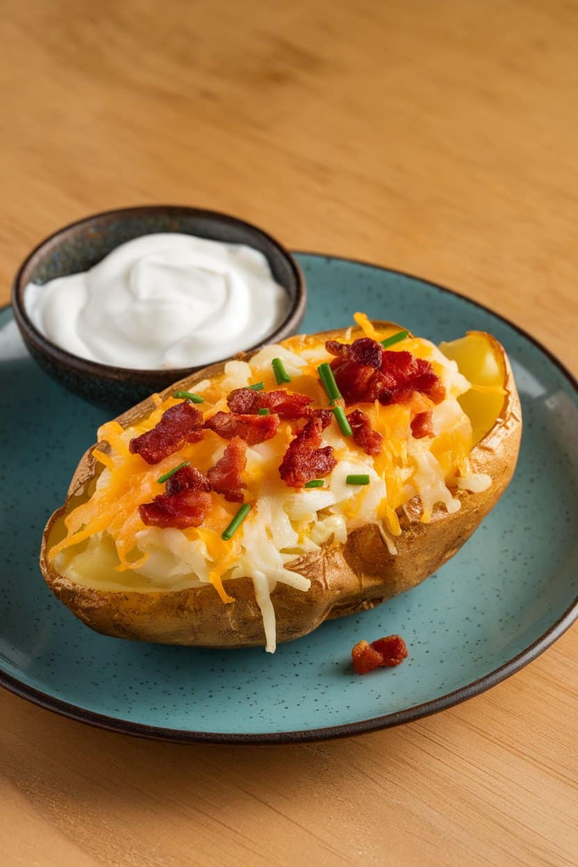Indoor countertop with a plate of golden potato skins filled with melted cheese, bacon bits, and chives; small bowl of sour cream on the side; bright indoor lighting; no text or logos.