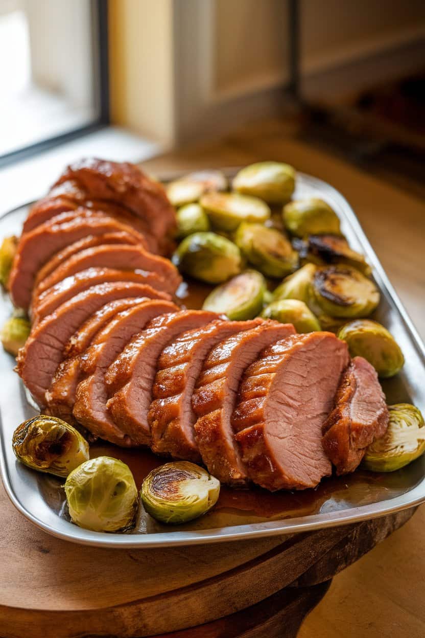 A warmly lit indoor platter holding sliced pork tenderloin drizzled with a shiny honey-mustard glaze, roasted Brussels sprouts on the side. No text or logos anywhere.