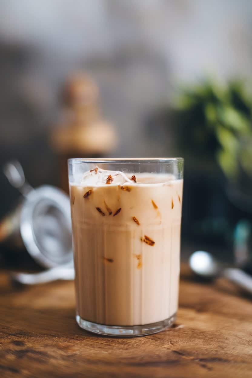 Indoor photo of a clear glass filled with light brown iced chai, visible spice flecks, and a few ice cubes; no text or logos.